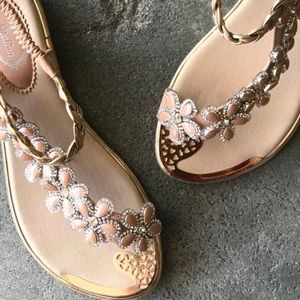 BEST SELLER Italina Floral Peach Tan Rhinestone Embellished Flat Sandal